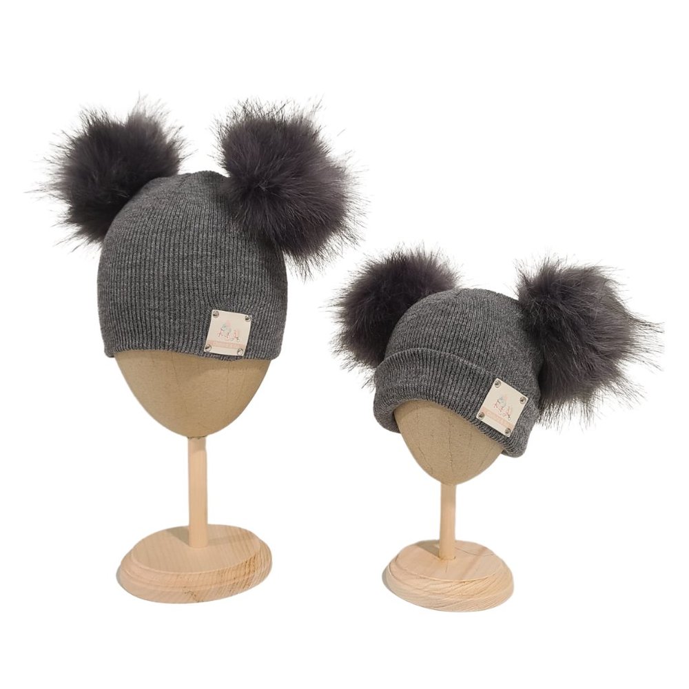 Ryver Knit Beanie With Double Pom Poms, Grey
